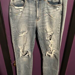 Distressed Light Blue Paint Splatter Women's Jeans